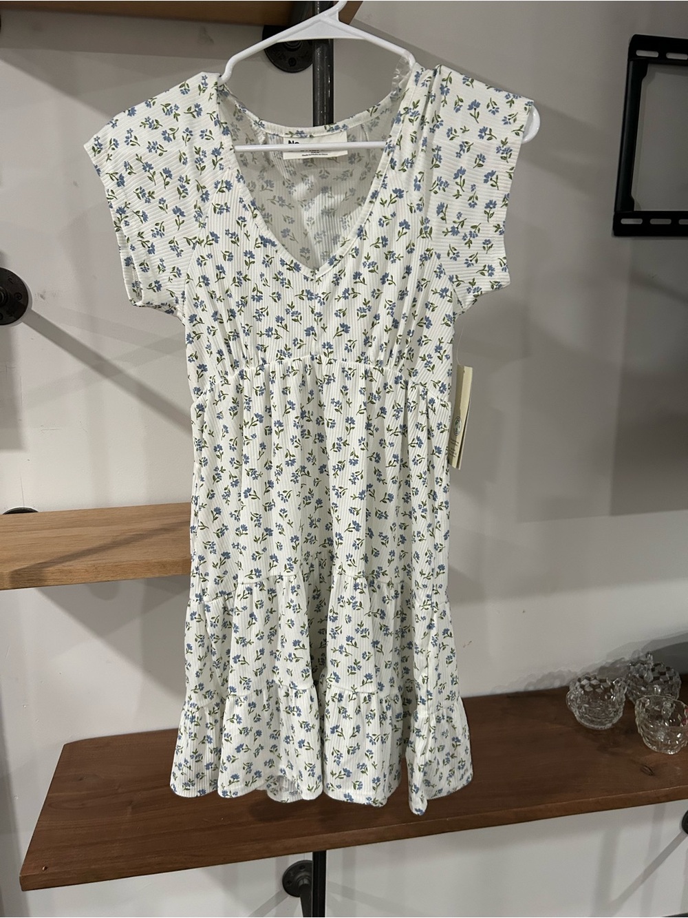 No Boundaries White Floral Tiered Dress with Blue and Green Print